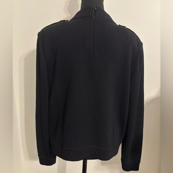 ST. JOHN Black knit sweater size 14 mock neck epaulettes zip back shoulder pads - Picture 2 of 12